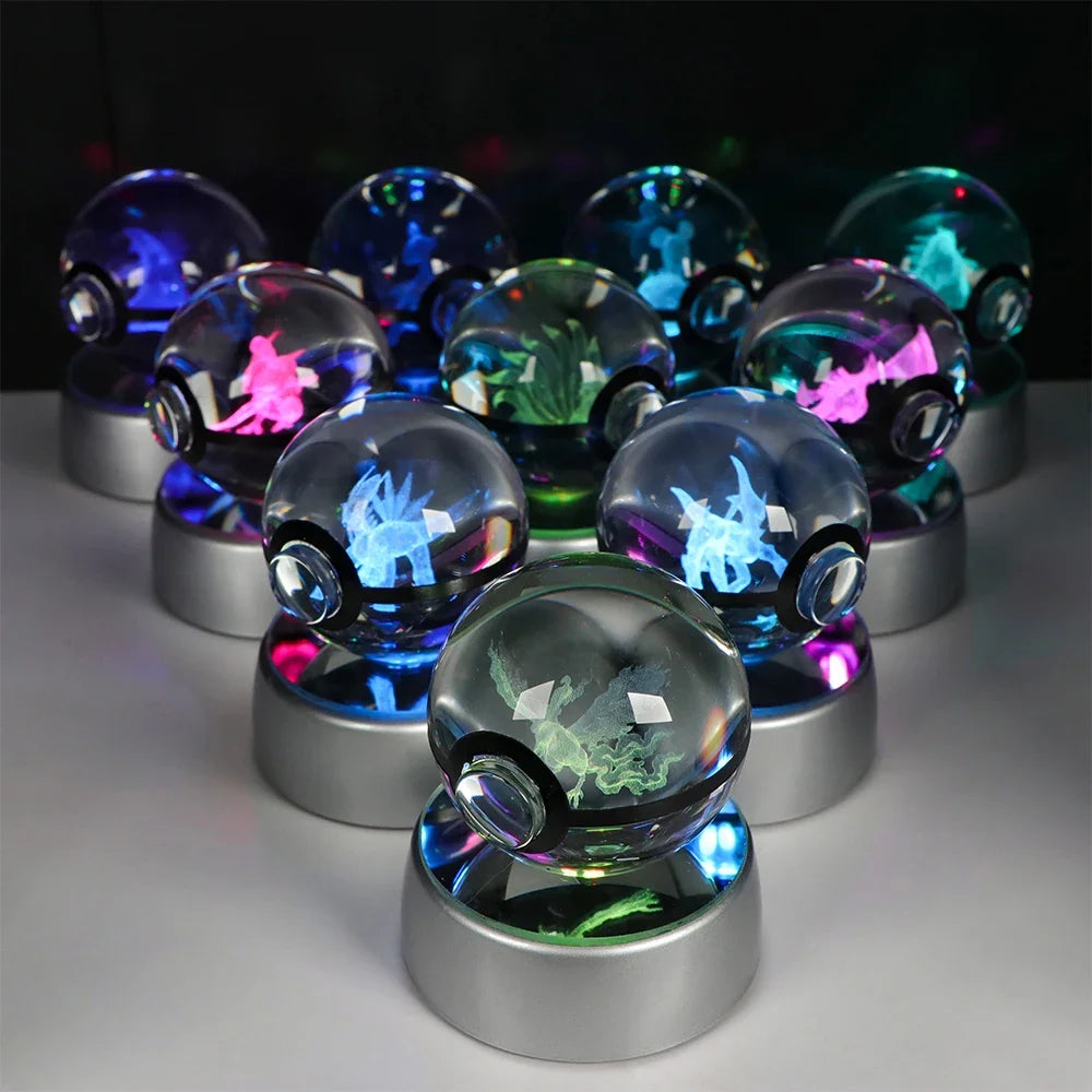 Pokemon 3D Crystal Ball Pikachu Gengar Eevee Mewtwo Anime Game Pokeball with Led Night Light Base Christmas Gift Home Decoration