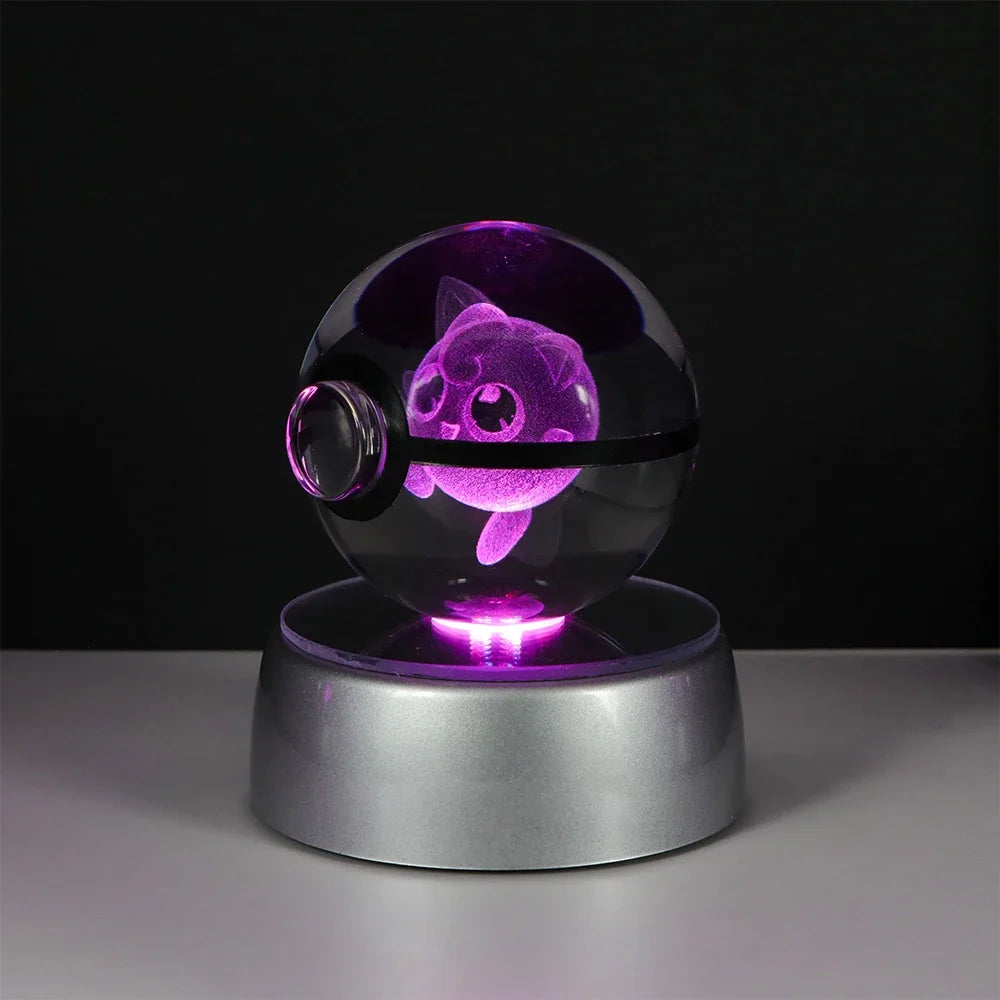 Pokemon 3D Crystal Ball Pikachu Gengar Eevee Mewtwo Anime Game Pokeball with Led Night Light Base Christmas Gift Home Decoration