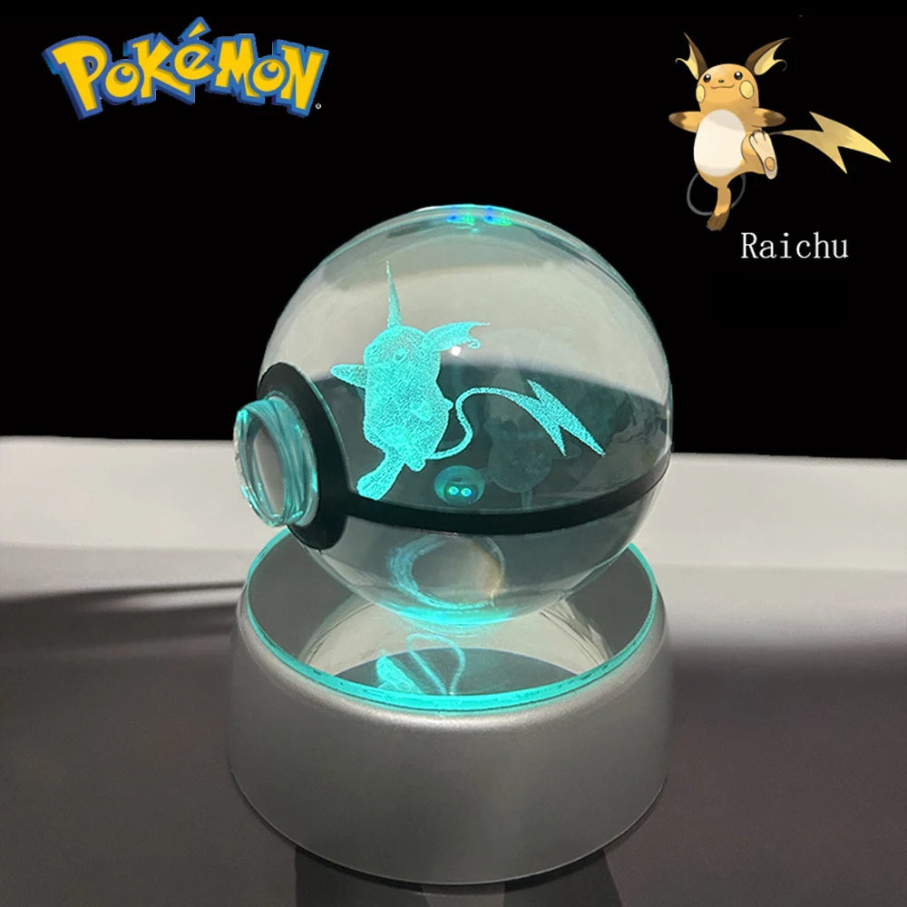 Pokemon 3D Crystal Ball Pikachu Gengar Eevee Mewtwo Anime Game Pokeball with Led Night Light Base Christmas Gift Home Decoration