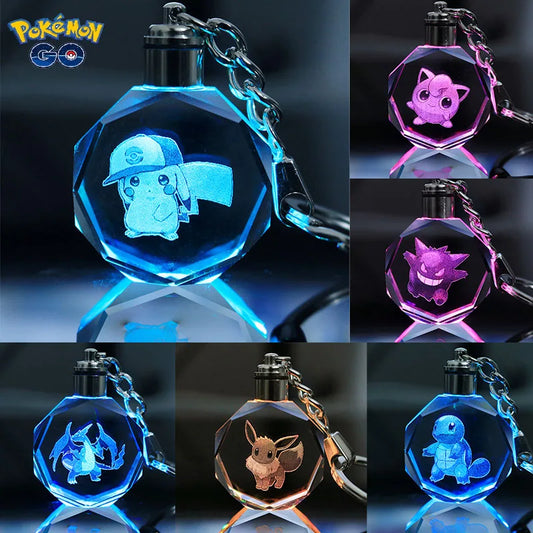 Pokemon Anime Pikachu Charmander Psyduck Snorlax Squirtle Fashion Keyring Bag Crystal Luminous LED Keychain Toy Birthday Gifts