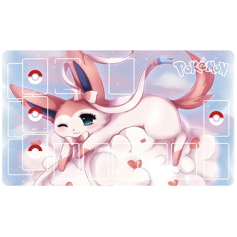 New 600x350mm PTCG Eevee Mewtwo Single Player Playmat Anime Cartoon Duel Disk Game Ash Ketchum Rubber Board Game Mat Toy Gifts