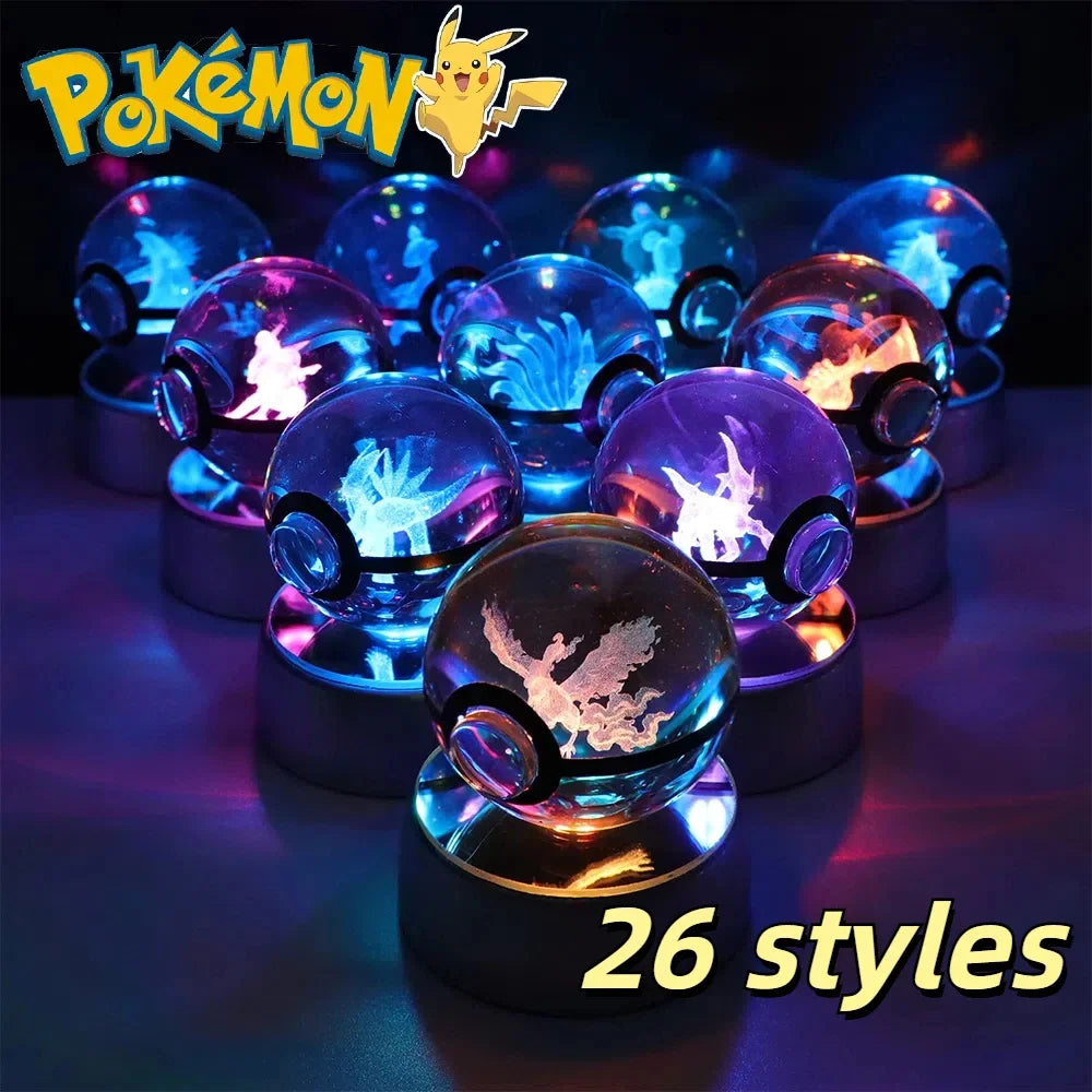 Pokemon 3D Crystal Ball Pikachu Gengar Eevee Mewtwo Anime Game Pokeball with Led Night Light Base Christmas Gift Home Decoration
