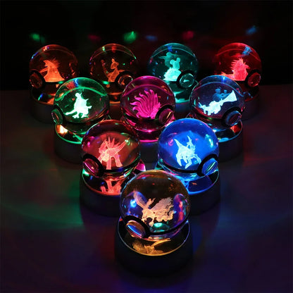 Pokemon 3D Crystal Ball Pikachu Gengar Eevee Mewtwo Anime Game Pokeball with Led Night Light Base Christmas Gift Home Decoration