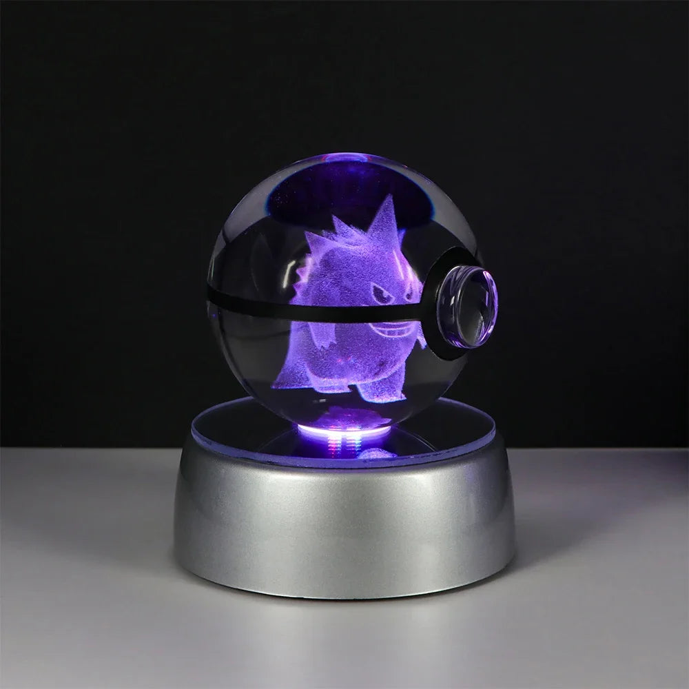 Pokemon 3D Crystal Ball Pikachu Gengar Eevee Mewtwo Anime Game Pokeball with Led Night Light Base Christmas Gift Home Decoration