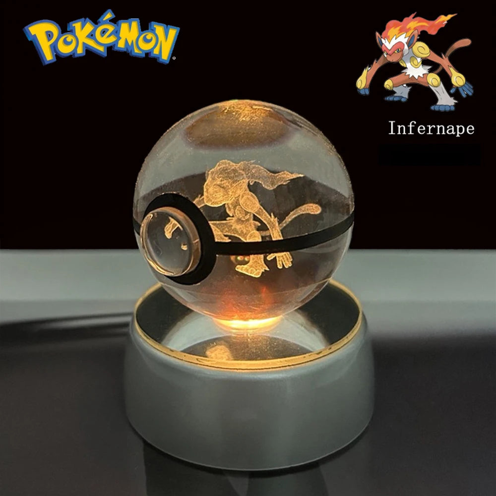 Pokemon 3D Crystal Ball Pikachu Gengar Eevee Mewtwo Anime Game Pokeball with Led Night Light Base Christmas Gift Home Decoration
