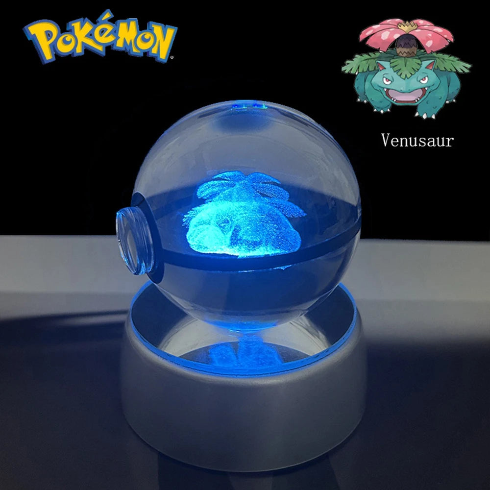 Pokemon 3D Crystal Ball Pikachu Gengar Eevee Mewtwo Anime Game Pokeball with Led Night Light Base Christmas Gift Home Decoration