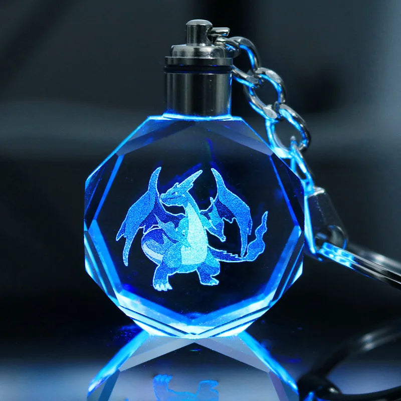 Pokemon Anime Pikachu Charmander Psyduck Snorlax Squirtle Fashion Keyring Bag Crystal Luminous LED Keychain Toy Birthday Gifts
