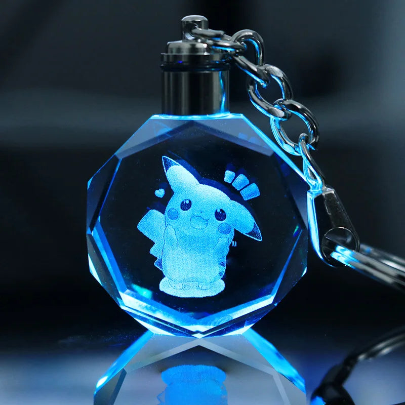 Pokemon Anime Pikachu Charmander Psyduck Snorlax Squirtle Fashion Keyring Bag Crystal Luminous LED Keychain Toy Birthday Gifts